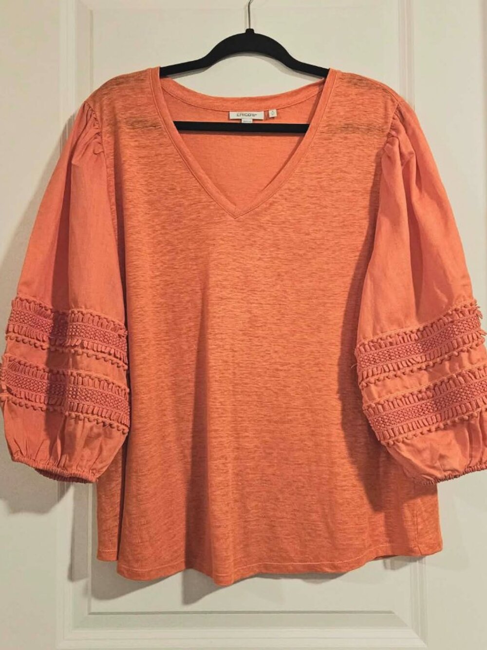 Chico’s Linen Blend Embroidered Sleeve Top XL/Chico 3 Orange Coral Boho V Neck